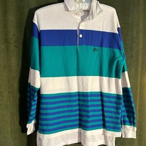 Vintage Lacoste Men's Striped Blue and Green Shirt